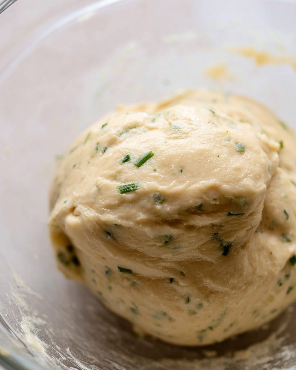 A close-up view of a glass bowl holding a single smooth dough ball that is pale beige with small green herb pieces mixed evenly throughout. The dough ball sits on the bottom, showing soft texture and slight folds on its surface. The background features a white marbled texture, highlighting the dough's creamy, slightly sticky look. Photo taken with an iphone --ar 4:5 --v 7