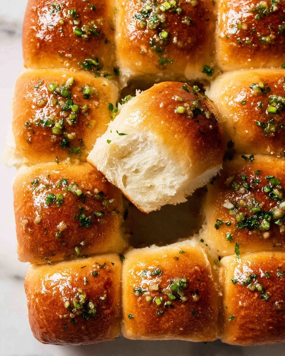 The image shows a close-up of a batch of nine golden brown dinner rolls baked tightly together, forming a square shape. Each roll has a shiny, smooth, and slightly glossy top with a warm brown color, sprinkled with small pieces of green chopped herbs and tiny bits of garlic. One roll near the center is pulled out slightly, revealing a soft, fluffy, and light cream inside texture that contrasts with the darker crust. The rolls rest on a white marbled surface, creating a clean and simple background. Photo taken with an iphone --ar 4:5 --v 7