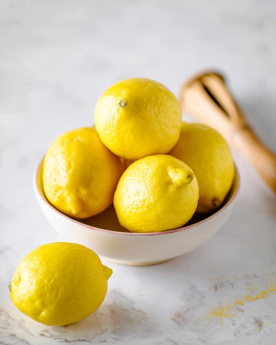 A white bowl filled with seven bright yellow lemons with smooth and slightly bumpy skin, showing varied shapes and sizes layered closely together; one lemon sits outside the bowl in the lower part of the image, while a wooden lemon juicer lies blurred in the top right corner; the scene is set on a white marbled surface that adds a clean and fresh look to the composition. photo taken with an iphone --ar 4:5 --v 7