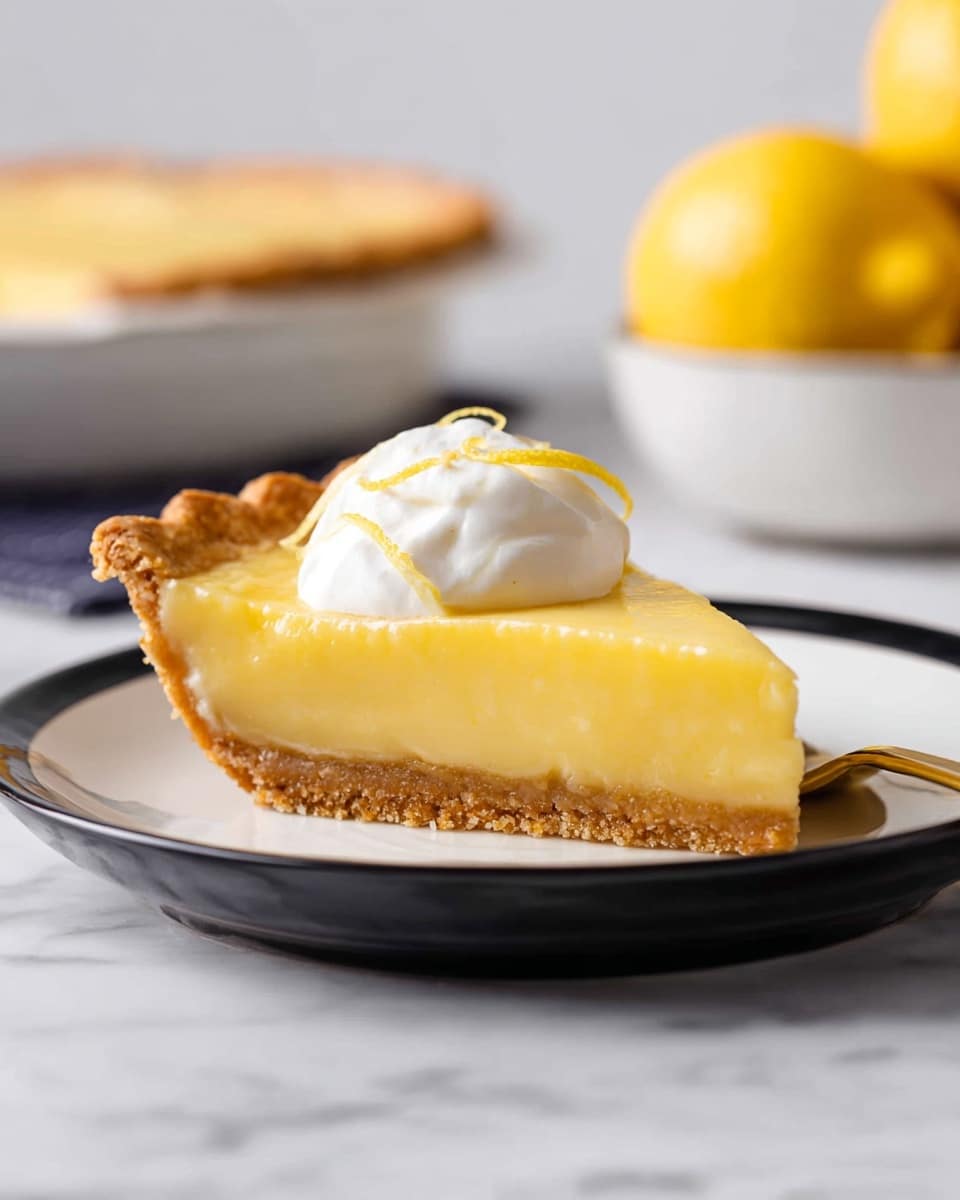 A single slice of lemon pie sits on a white plate with a black rim, placed on a white marbled surface. The pie has three visible layers: a thick, crumbly light brown crust at the bottom, a smooth and bright yellow lemon filling in the middle, and a dollop of white whipped cream on top of the filling near the back edge. The crust’s edges are raised and slightly uneven, with a textured, flaky look. In the blurred background, there is another slice of pie and a white bowl filled with whole lemons, all set on the same white marbled surface. Photo taken with an iphone --ar 4:5 --v 7