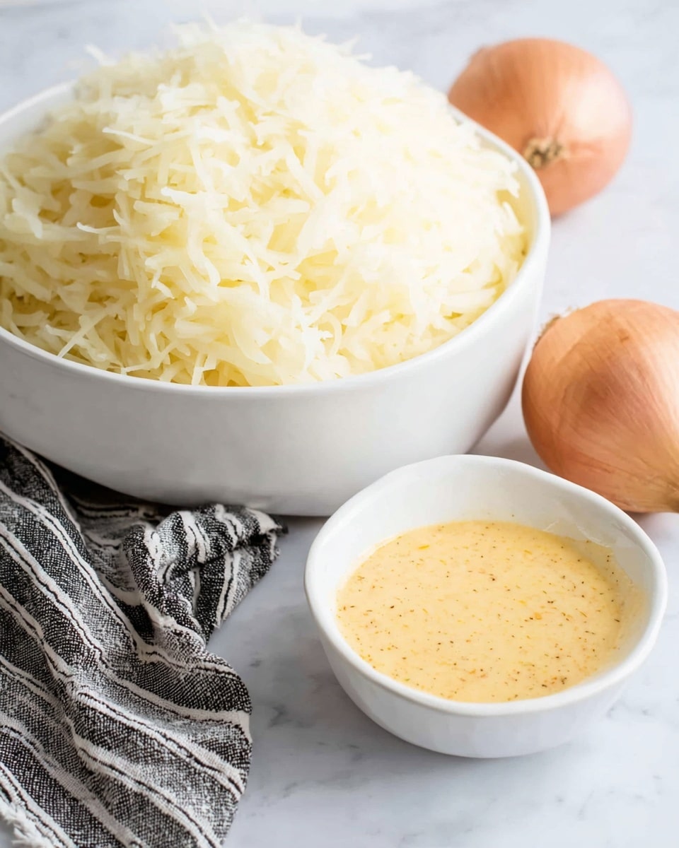 The image shows a white bowl filled with finely shredded pale yellow potato, showing a soft and fluffy texture that is piled high. Next to it is a small white bowl containing a creamy, light orange-yellow sauce with tiny black specks mixed inside. Behind the bowls, two whole yellow onions rest on a white marbled surface, adding a natural element. A folded cloth with a black and white stripe pattern is placed on the left side of the image, complementing the clean, bright setting. photo taken with an iphone --ar 4:5 --v 7