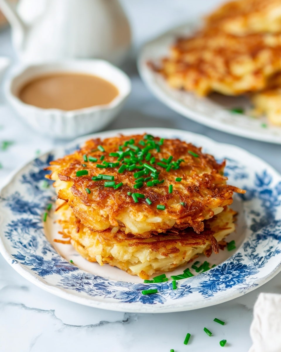The image shows a stack of two crispy potato pancakes with a golden brown color and textured surface, placed in the center of a white plate with blue floral patterns. The top pancake is garnished with small, fresh green chive pieces scattered on it. The plate rests on a white marbled surface. In the blurred background, there is a small white bowl of light brown sauce, a white pitcher, and part of another plate of potato pancakes. The photo has a soft, natural light and a shallow depth of field, focusing on the potato pancakes. Photo taken with an iphone --ar 4:5 --v 7