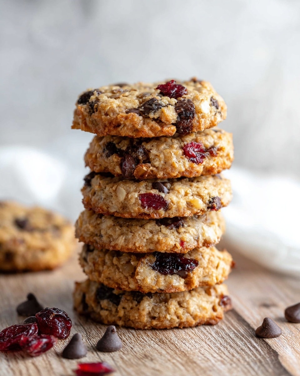 A stack of six round oatmeal cookies with visible dark chocolate chips and small pieces of dried cranberries is placed on a wooden surface. The cookies have a rough, crumbly texture with a golden-brown color on the edges and lighter tan on the inside. A few loose chocolate chips and dried cranberries are scattered in the foreground. The background has a soft, white and blurred element, and the surface is changed to a white marbled texture. photo taken with an iphone --ar 4:5 --v 7