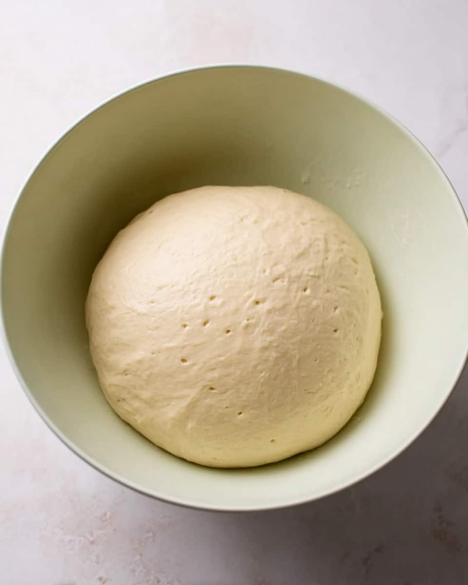 A smooth, round ball of pale beige dough with a slightly shiny surface sits inside a white bowl with soft curves, placed on a white marbled texture surface. The dough appears soft and well-risen, filling the center of the bowl evenly with small visible air bubbles on its surface. The background is softly lit, highlighting the dough's texture and the clean, simple lines of the bowl. photo taken with an iphone --ar 4:5 --v 7