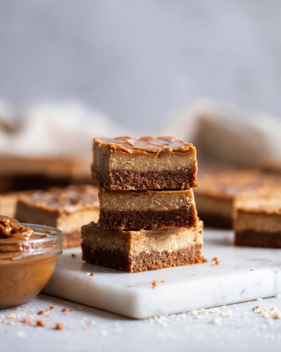The image shows a stack of three thick square bars with two visible layers: a darker, crumbly brown base layer and a lighter, smooth brown top layer with a slightly glossy texture. The bars are set on a white marbled surface with some small crumbs scattered around. In the foreground to the left, there is a small clear bowl filled with a thick brown spread that matches the top layer of the bars. More bars can be seen in the blurred background, and there is a soft, light gray background behind everything. The photo taken with an iphone --ar 4:5 --v 7
