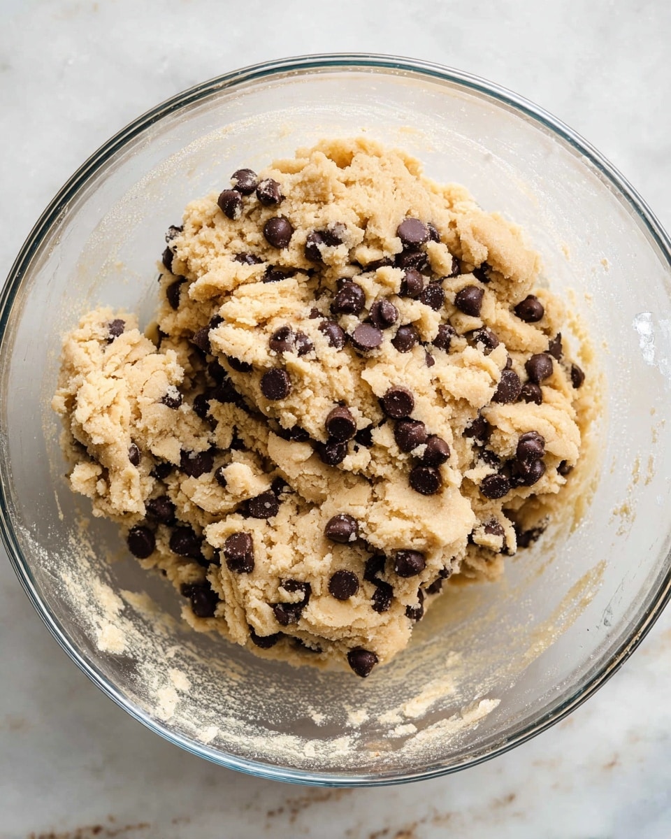 A clear glass bowl filled with a rough-textured, light beige cookie dough mixed evenly with many dark brown chocolate chips. The dough has a slightly crumbly appearance with chunks sticking together. The bowl sits on a white marbled surface with some dough residue on the bowl's side. photo taken with an iphone --ar 4:5 --v 7