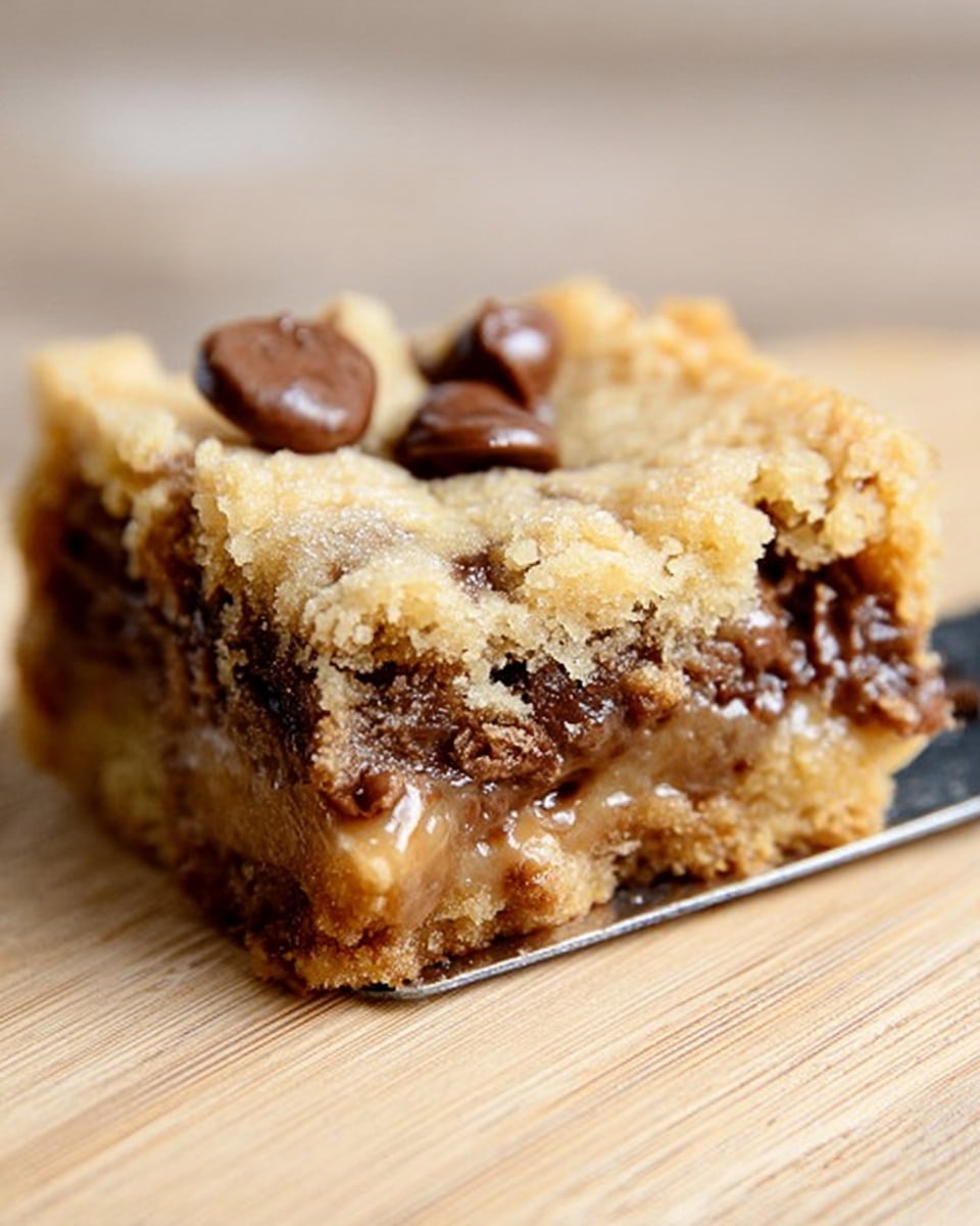 The image shows a close-up of a single square piece of baked dessert with two visible layers. The top layer is a light golden brown with a slightly rough, crumbly texture and a few melting chocolate chips scattered on top. The bottom layer is a melted, creamy, light caramel color filled with melted chocolate pieces that look soft and gooey. The dessert is placed on a light wooden surface with a metal spatula partly visible holding it from underneath. Photo taken with an iphone --ar 4:5 --v 7