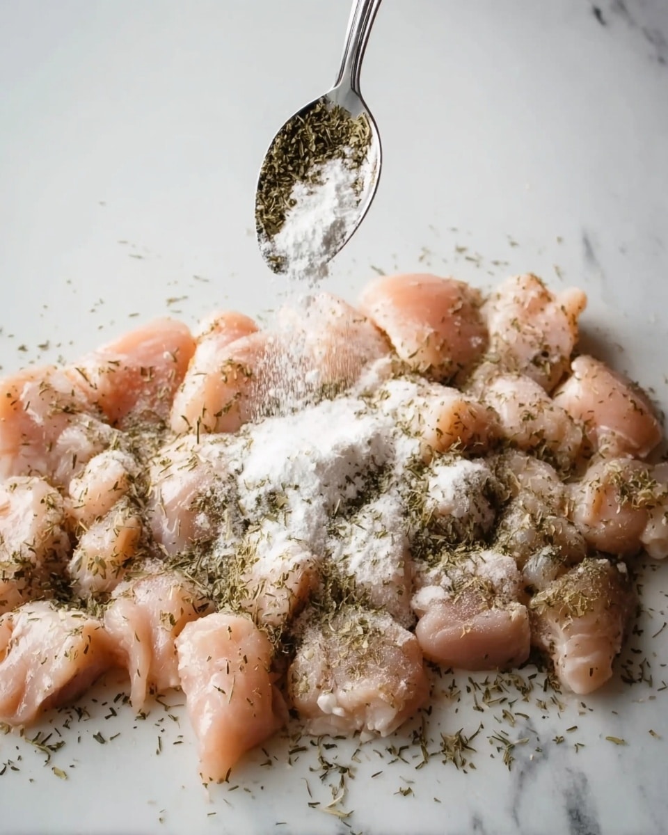 A white marble surface holds a single layer of small raw light pink chicken chunks spread out evenly, sprinkled with a fine layer of white flour and scattered with green dried herbs on top. Above the chicken, a silver spoon held by a woman's hand is adding more white flour over the chicken pieces. The scene is bright and clean with soft natural light highlighting the fresh ingredients. photo taken with an iphone --ar 4:5 --v 7