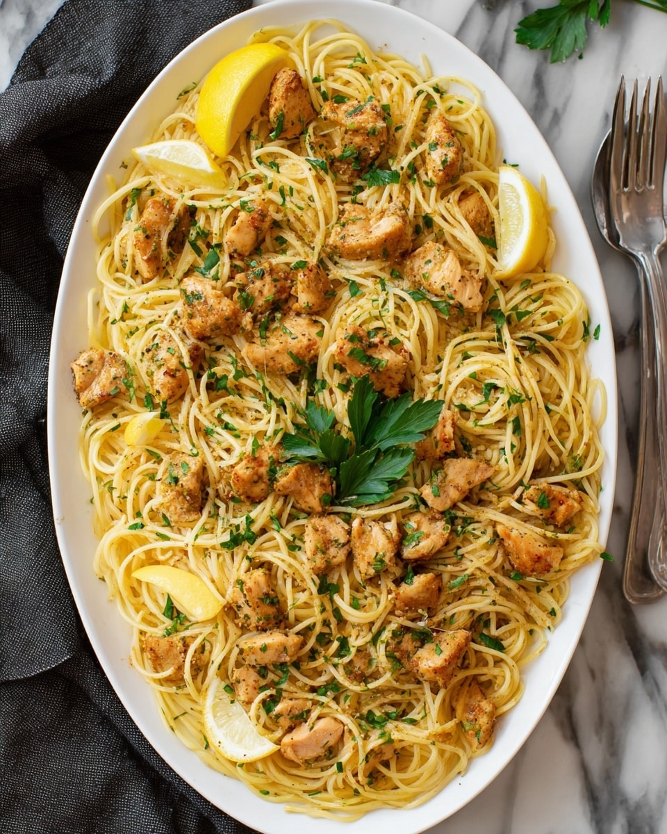 A white oval plate filled with thin golden-yellow spaghetti, arranged loosely with small, browned pieces of seasoned chicken spread evenly on top. Bright green chopped parsley is scattered over the pasta and chicken, adding a pop of color. Lemon wedges are placed on top of the dish, along with whole parsley leaves in the center for garnish. The plate sits on a white marbled surface, with a dark cloth napkin visible on the left corner and a silver fork on the right side just outside the plate. photo taken with an iphone --ar 4:5 --v 7
