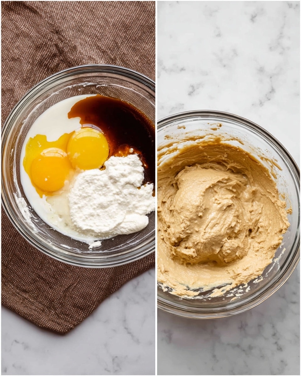 Two side-by-side clear glass bowls sit on a white marbled surface with a brown cloth nearby. The left bowl holds several unblended ingredients layered: a white creamy base, a raw egg yolk in bright yellow near the left side, a dollop of white creamy substance in the center, and a dark brown liquid pooling near the right. The bowl on the right shows the same ingredients mixed into a thick, light brown batter with a smooth texture, with some small lumps visible. Both bowls have a clean edge with some batter sticked on the sides photo taken with an iphone --ar 4:5 --v 7