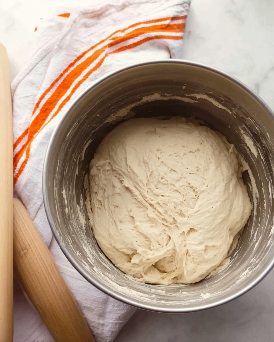 A silver metal bowl holds a light beige dough that looks soft and sticky, filling about half of the bowl. The dough has a smooth texture with some folds and thick parts on top. The bowl is placed on a white marbled surface, next to a white cloth with orange stripes and light wooden cooking tools. The lighting is natural and bright, showing the dough's texture clearly. photo taken with an iphone --ar 4:5 --v 7