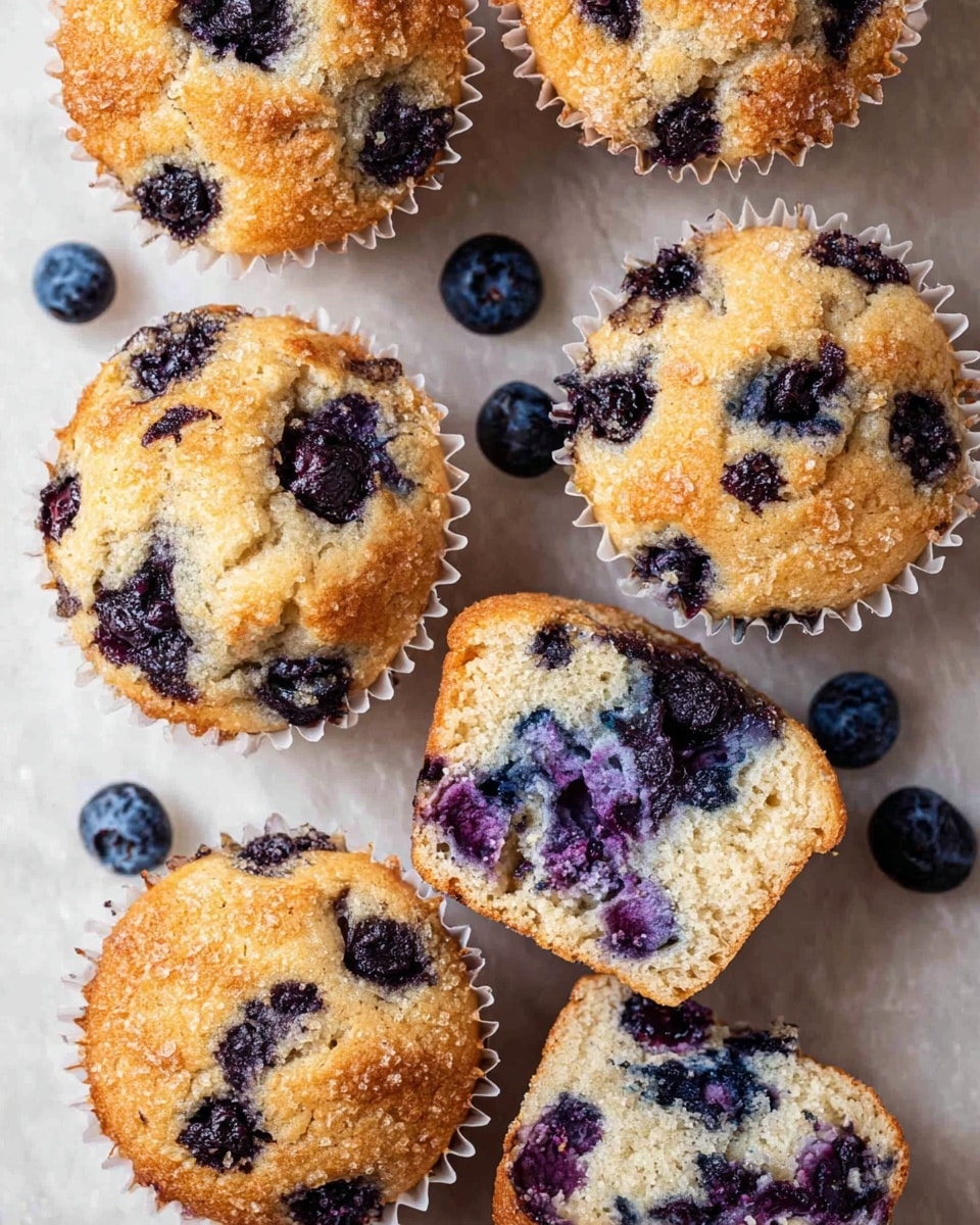 The image shows several blueberry muffins arranged on a white marbled surface. Each muffin has a golden-brown top dotted with juicy, dark blue blueberries that are bursting through the soft, light beige cake. Two muffins are cut in half to reveal the inside texture, showing a moist crumb filled with more deep purple-blue blueberries scattered throughout. The muffins sit in white paper liners, adding a subtle textured layer around the bottom. A few loose blueberries are scattered around the muffins for added visual interest. photo taken with an iphone --ar 4:5 --v 7