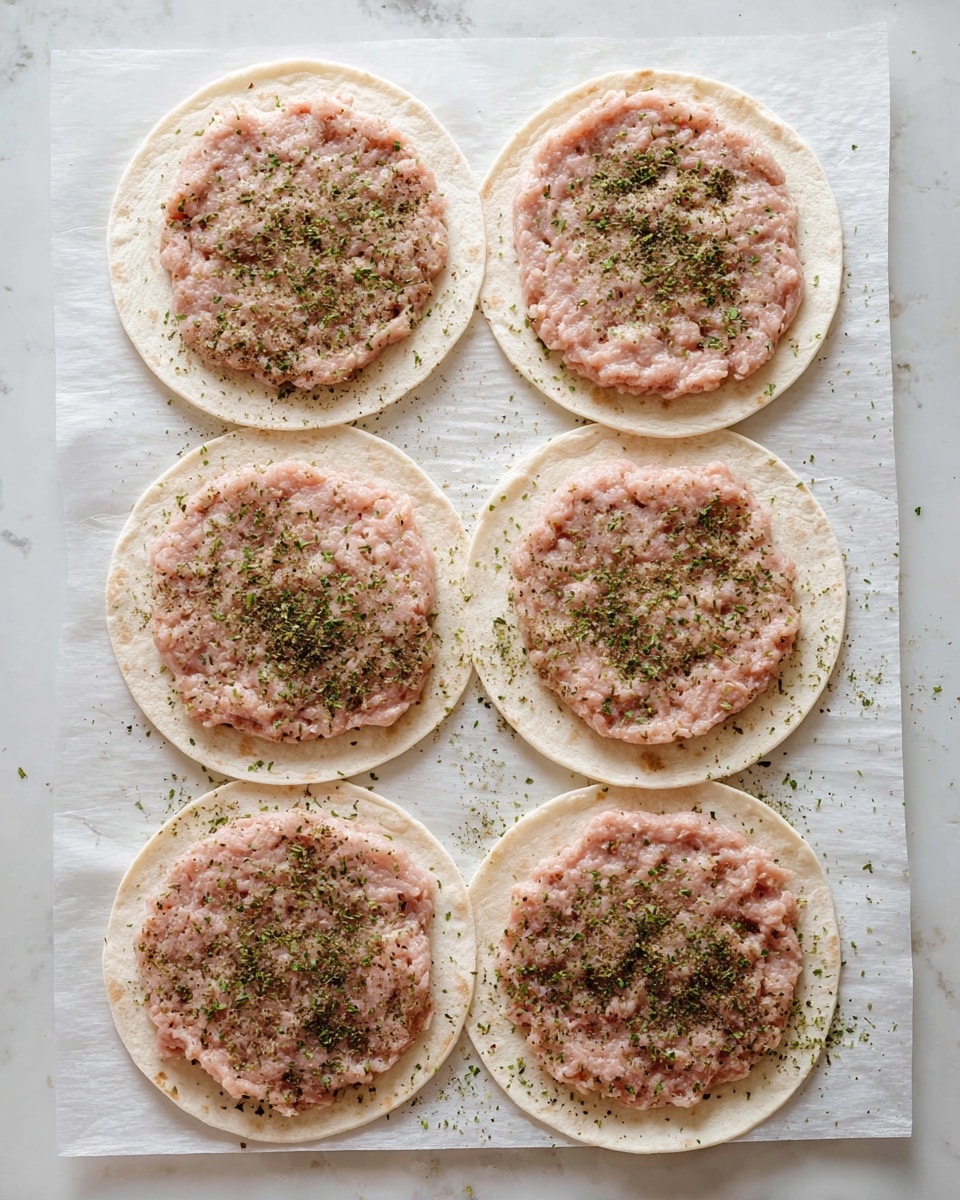 The image shows six round white tortillas laid out on white parchment paper, placed on a white marbled surface. Each tortilla has one layer of light pink raw minced meat spread evenly in a circular shape, covering most of the tortilla's surface except the edges. Green dried herbs and black pepper are sprinkled lightly on top of the meat on all six tortillas, adding small specks of green and black over the pink layer. The arrangement is neat in two rows of three tortillas each. Photo taken with an iphone --ar 4:5 --v 7