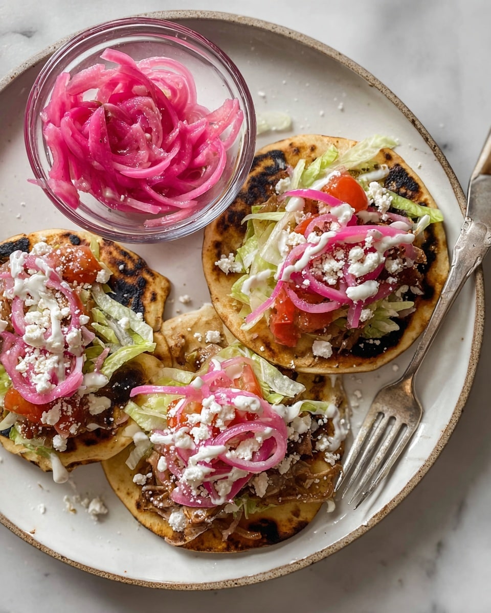 There are three small toasted tortillas on a round white plate with some charred spots, each topped with shredded light green lettuce as the first layer, followed by small red tomato pieces, thin pink pickled onion slices, white crumbled cheese scattered on top, and a drizzle of white creamy sauce. To the left side of the plate, there is a clear glass bowl with more pink pickled onions and a metal fork inside. The whole scene is set on a white marbled surface. photo taken with an iphone --ar 4:5 --v 7