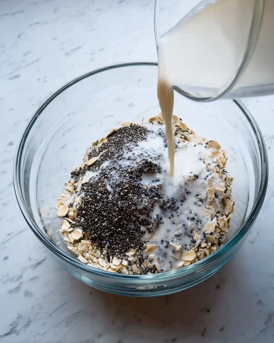 A clear glass bowl sits on a white marbled surface, filled with several layers of ingredients. The bottom layer is made up of light beige rolled oats. On top of that, black chia seeds are spread unevenly, with some clumped together. White liquid is being poured from a clear container into the bowl, mixing with the chia seeds and oats, creating a soft contrast between the black seeds and the white liquid. The overall texture looks wet and grainy, with the bowl viewed from above. Photo taken with an iphone --ar 4:5 --v 7