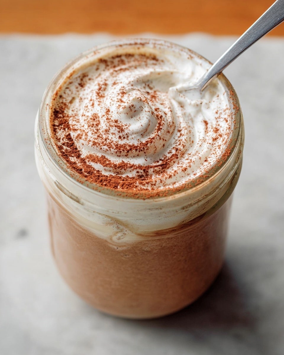 A clear glass jar filled with a creamy, light brown mixture, topped with a thick swirl of white cream powder and dusted with cocoa powder, with a silver spoon resting inside the jar. The jar sits on a white marbled surface. photo taken with an iphone --ar 4:5 --v 7