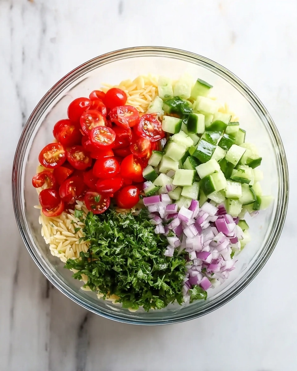 A clear glass bowl sits on a white marbled surface, filled with five distinct layers of ingredients arranged separately inside. The bottom layer is pale yellow orzo pasta, with a slightly shiny and soft texture. Above this, on the left, there is a bright red layer of halved cherry tomatoes, smooth and juicy. To the right of the tomatoes is a fresh green layer of cubed cucumber with a glossy finish. Below the cucumber, there is a layer of finely chopped light purple onions with a crisp texture. Next to the onions, filling the bottom left of the bowl, is a bright green layer of chopped fresh parsley. Photo taken with an iphone --ar 4:5 --v 7