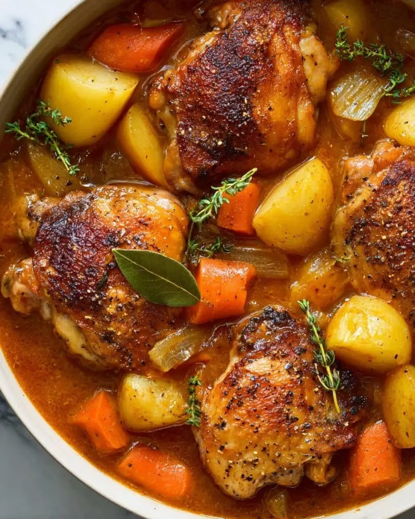 Hearty Chicken Stew with Crispy Roasted Potatoes and Fresh Herbs Recipe