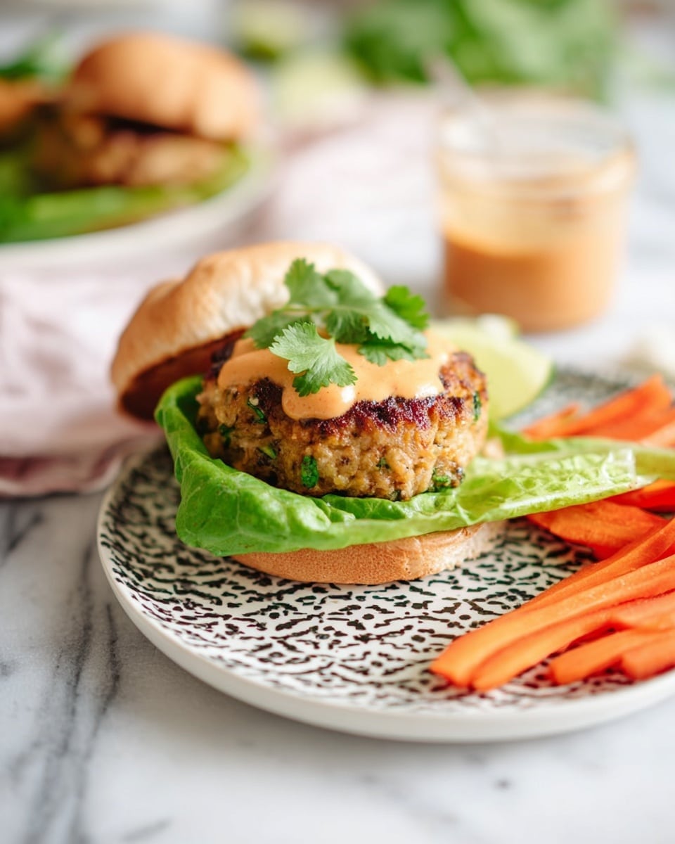 A white plate with a black geometric pattern holds a sandwich and carrot sticks on a white marbled surface. The sandwich has a bottom bun, followed by a large green lettuce leaf, then a thick, browned patty mixed with herbs. On top of the patty is a light orange creamy sauce, and a sprig of green cilantro leaves. To the right of the sandwich, there are several bright orange carrot sticks. The background is softly blurred with hints of a second sandwich and a small glass jar of sauce. Photo taken with an iphone --ar 4:5 --v 7