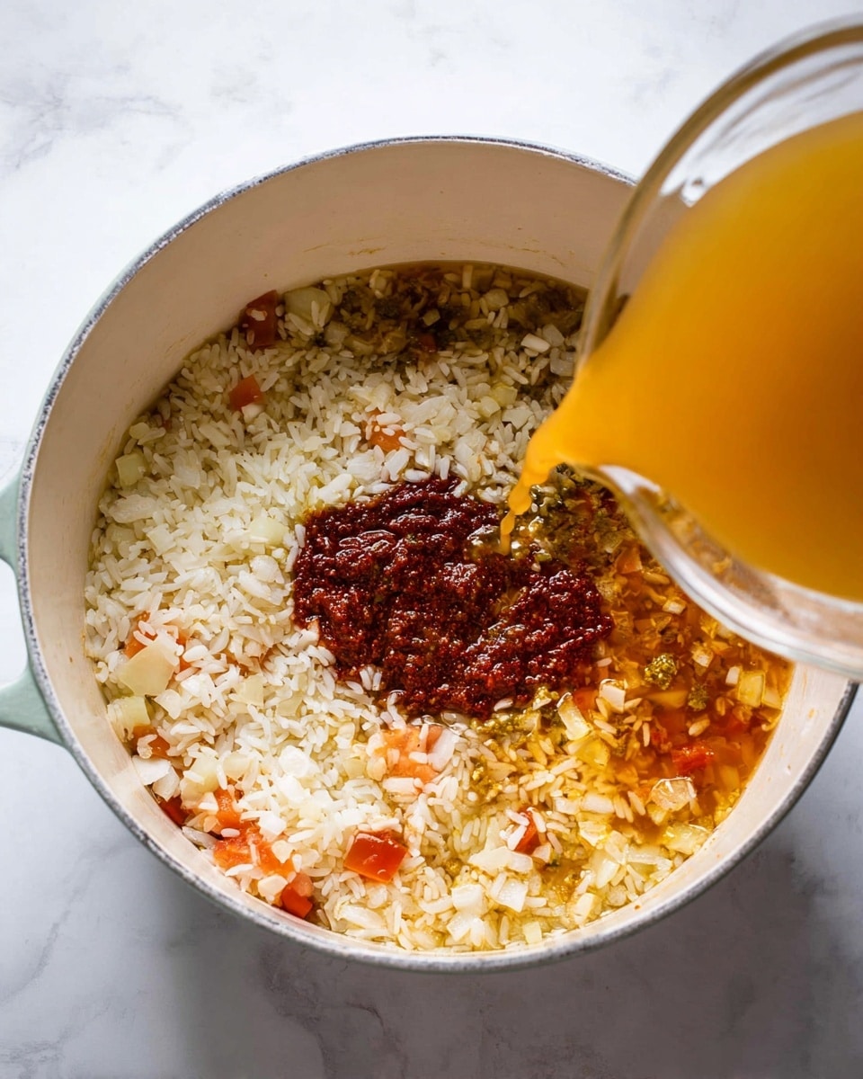 A white pot holds a mix of uncooked white rice, small pieces of chopped onion and tomato, and a thick dark red paste in the center. A golden-yellow liquid is being poured into the pot from the right side, adding a shiny wet layer over the rice and vegetables. The pot sits on a white marbled surface, with clear details of the grains and ingredients visible from above. Photo taken with an iphone --ar 4:5 --v 7
