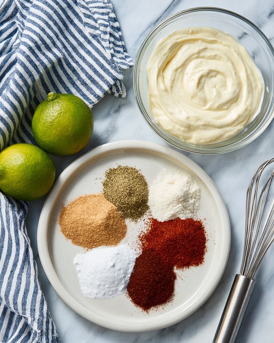 A white round plate sits on a white marbled surface, holding seven small piles of spices in different colors arranged in a rough circle; the spices include light beige, brown, white, dark red, dark green, and reddish brown powders. Above the plate are two clear glass bowls, the larger one filled with smooth, thick white cream and the smaller with creamy pale yellow sauce. To the left of the plate, two green limes rest on the white marbled surface. A striped blue and white cloth is folded in the upper background, while a silver whisk is partially shown on the right edge of the image. Photo taken with an iphone --ar 4:5 --v 7