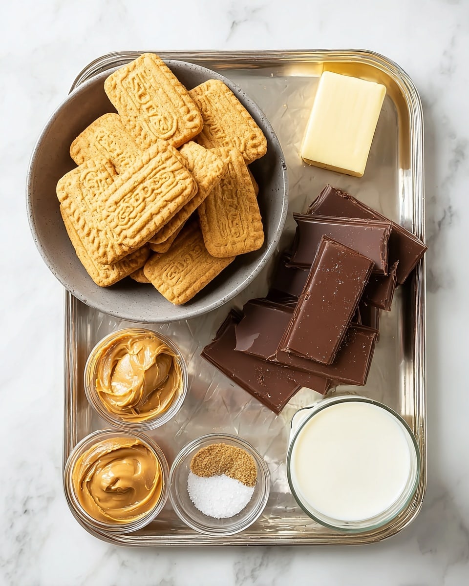 A silver tray sits on a white marbled surface holding several baking ingredients: in the center, a gray bowl is full of rectangular, golden brown biscuits with detailed edges and some with text. To the top right of the bowl, two thick squares of dark chocolate rest on the tray. Next to the chocolate, a square of pale yellow butter is placed near a round, clear glass filled with creamy white milk. Below the bowl, there are three small clear glass containers holding smooth light brown peanut butter, light brown sugar, and fine white salt, arranged neatly. The whole setup looks clean and ready for baking photo taken with an iphone --ar 4:5 --v 7