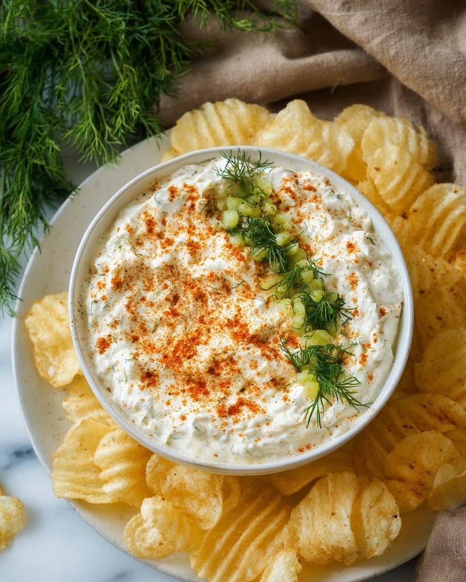 The image shows a white bowl filled with a creamy white dip that has a soft and slightly textured surface. On top of the dip, there is a light sprinkling of reddish-orange powder evenly spread, with small piles of finely chopped pickles and fresh green dill leaves arranged in a loose crescent shape. The bowl is placed on a white plate that is surrounded by crinkled, golden yellow potato chips. In the background is a soft brown cloth and some fresh green dill sprigs on a white marbled surface. Photo taken with an iphone --ar 4:5 --v 7