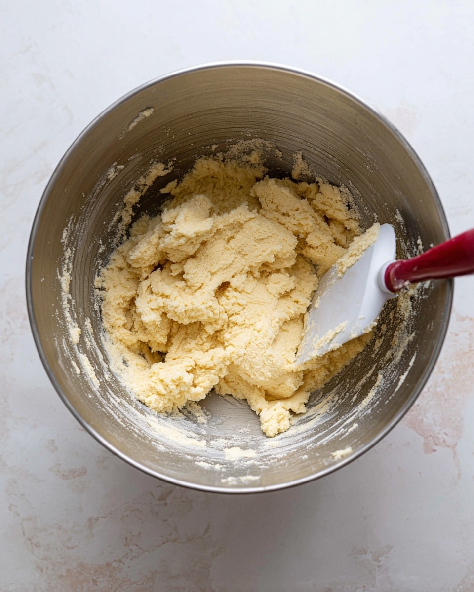 A shiny silver metal bowl sits on a white marbled surface, filled halfway with a pale yellow, soft, and thick dough mixture that looks slightly grainy. A white spatula with a red handle is inside the bowl on the right side, partially covered in the dough, as if it was just used to mix the dough. The inside walls of the bowl have small patches of dough stuck to them, showing texture and use. photo taken with an iphone --ar 4:5 --v 7