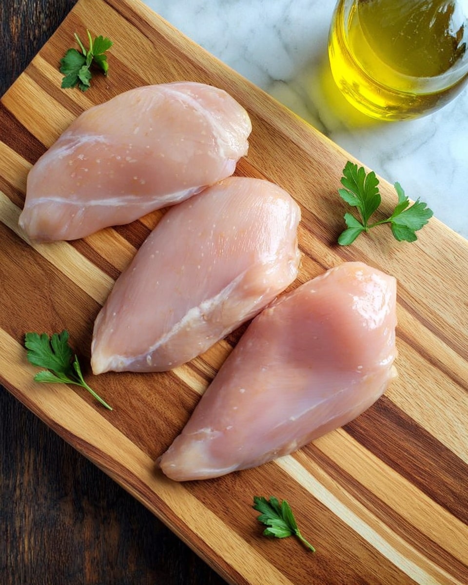Three raw chicken pieces are placed side by side on a wooden cutting board, each pale pink with a smooth and shiny texture. The cutting board has light and dark brown wood grain patterns. There are two small green parsley leaves on the white marbled surface around the board. A small glass bottle filled with yellow oil is visible in the top right corner. Photo taken with an iphone --ar 4:5 --v 7