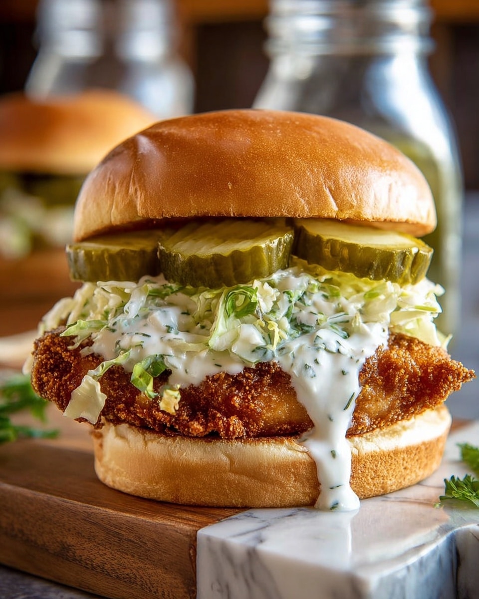 A close-up view of a sandwich shows five layers in a white soft bun. The bottom bun is slightly toasted and has a smooth, light golden color. On top of it is a thick, crispy fried piece with a crunchy, golden-brown texture. Above the fried layer is a creamy white sauce with small green herb pieces mixed in, slightly dripping down the sides. Next, there is a fresh layer of shredded light green lettuce mixed with thinly sliced onions. The top layer has three thick, dark green pickle slices placed under the top bun, which is shiny and golden brown with a smooth texture. The sandwich sits on a wooden board with a white marbled background and a glass jar and another sandwich can be seen blurred in the background. photo taken with an iphone --ar 4:5 --v 7