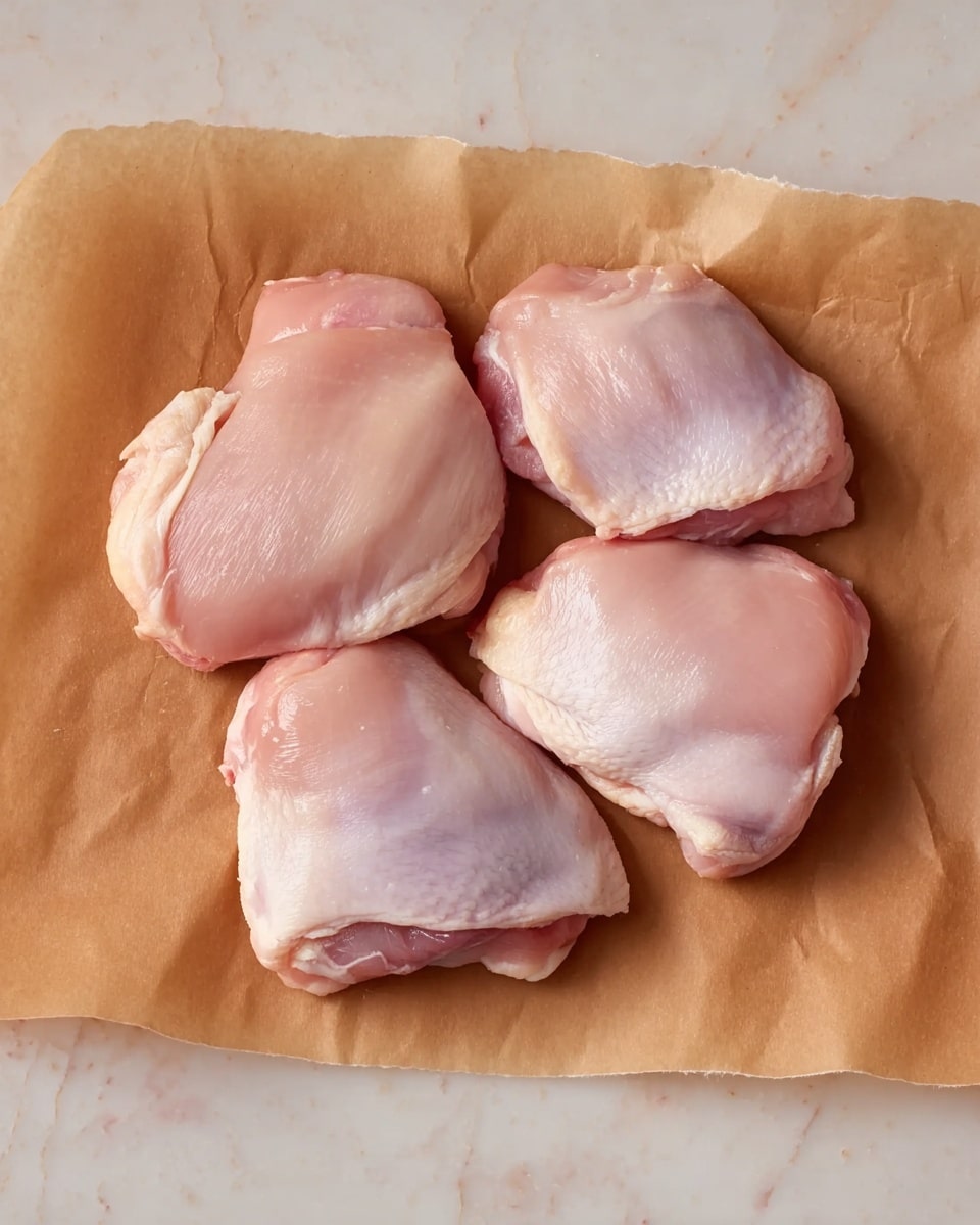 Four raw chicken thighs with light pink color and some white fat edges are placed close together on a piece of brown parchment paper. The chicken thighs have smooth, slightly shiny skin with soft curves and natural folds. The parchment paper lies on a flat white marbled surface. photo taken with an iphone --ar 4:5 --v 7
