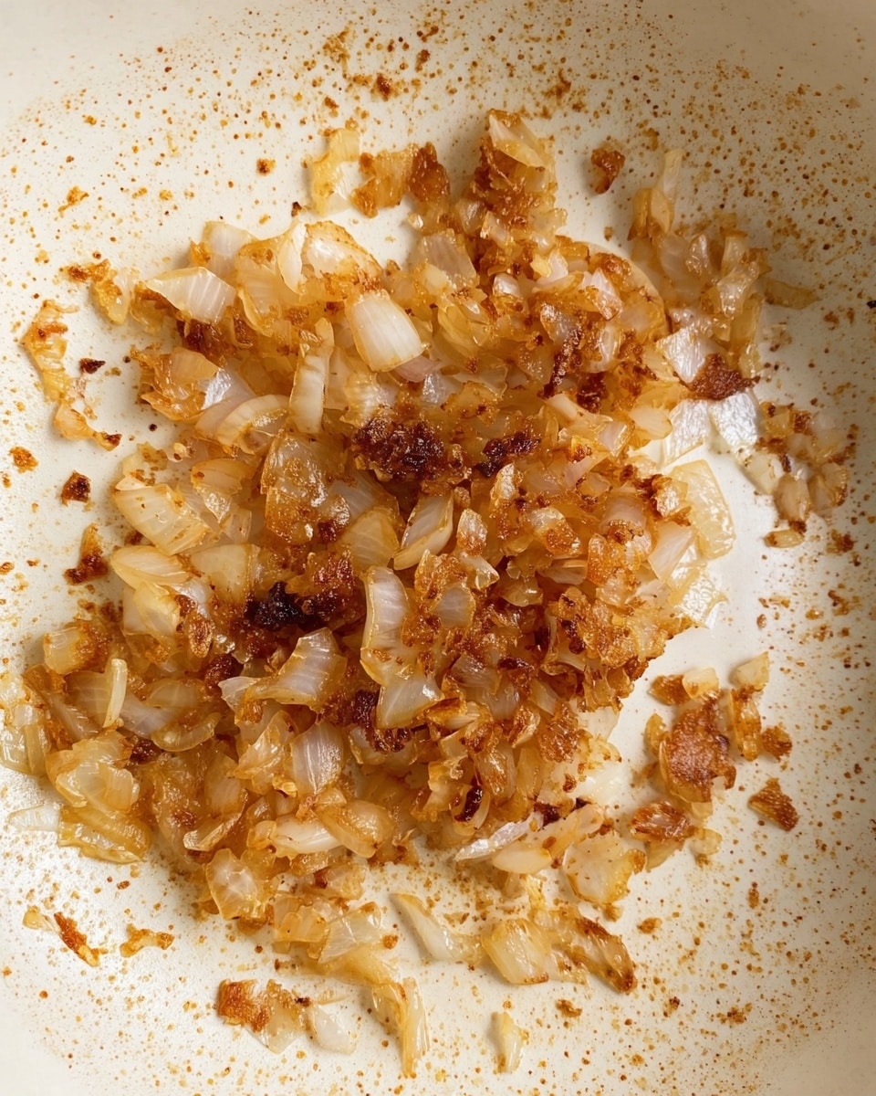 The image shows a close-up of small pieces of cooked onions spread unevenly inside a white pan. The onions are caramelized to a golden brown and some parts have a darker, almost crispy texture. The pan surface has specks of browned bits and light residue from the cooking process, giving it a slightly textured look. The onions are mainly clustered in the center and towards the edges, with a mix of translucent and richly colored slices scattered around. The background is a white marbled surface. Photo taken with an iphone --ar 4:5 --v 7