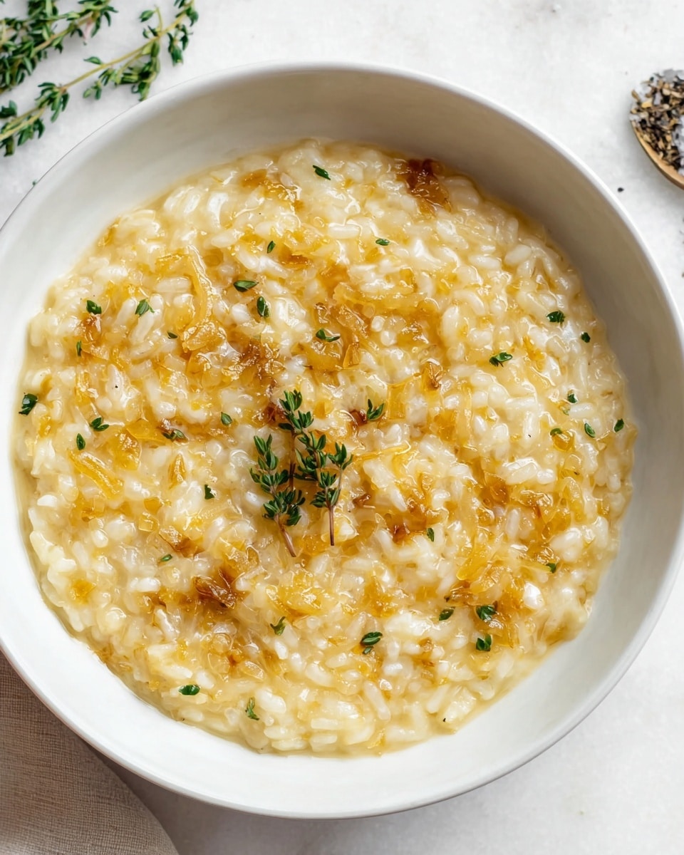 A white bowl filled with a creamy risotto that has a soft, slightly lumpy texture, pale yellow in color with golden bits of cooked onions spread evenly throughout. Small green sprigs of thyme rest gently on top, adding a touch of natural color contrast. The risotto looks warm and moist, with a glossy finish reflecting light softly. The bowl is placed on a white marbled surface, with subtle details of salt and fresh herbs nearby. Photo taken with an iphone --ar 4:5 --v 7