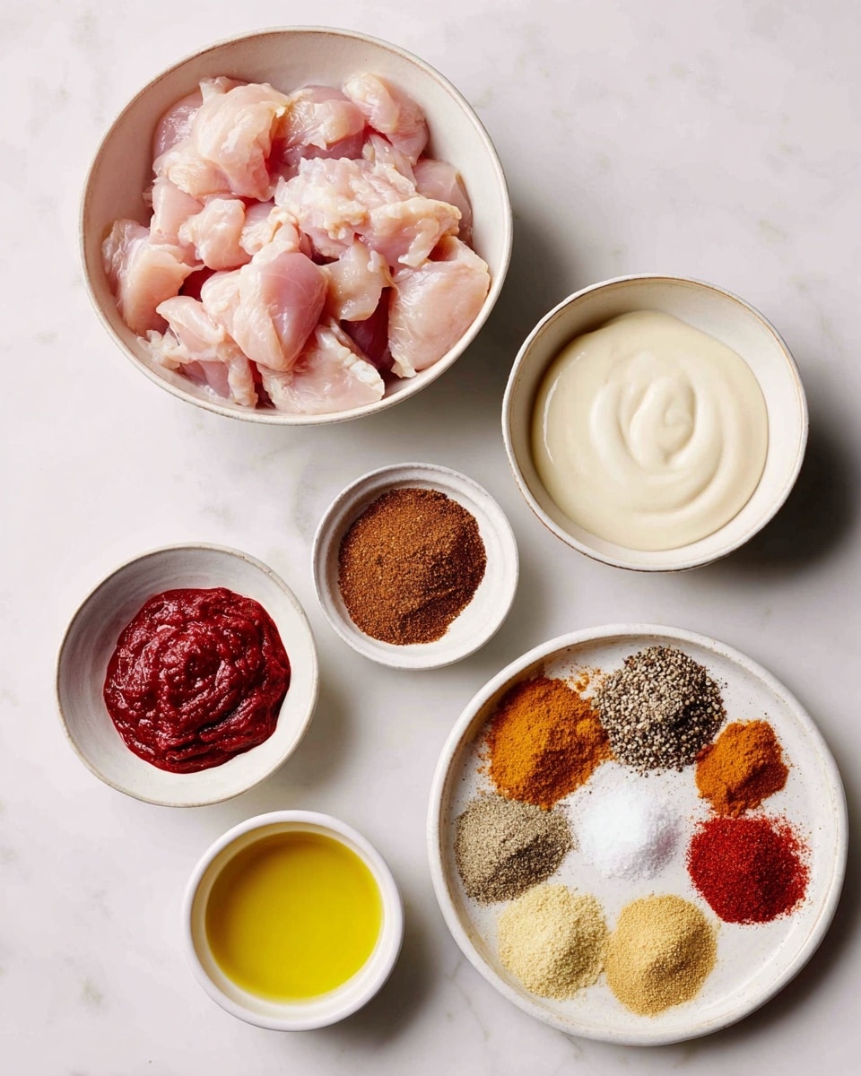 The image shows several white bowls and a white plate arranged on a white marbled surface. There is one large white bowl filled with raw pink chicken pieces. Next to it is a smaller white bowl with a smooth, white creamy sauce. Below, there is a small white bowl with a thick red paste, another with a yellow liquid, and a third containing a mix of salt and black pepper. The white plate holds nine piles of different powdered spices in various colors including dark brown, light brown, reddish-brown, orange, and pale yellow, arranged in a loose circle. All items are neatly placed with clear space between them. photo taken with an iphone --ar 4:5 --v 7
