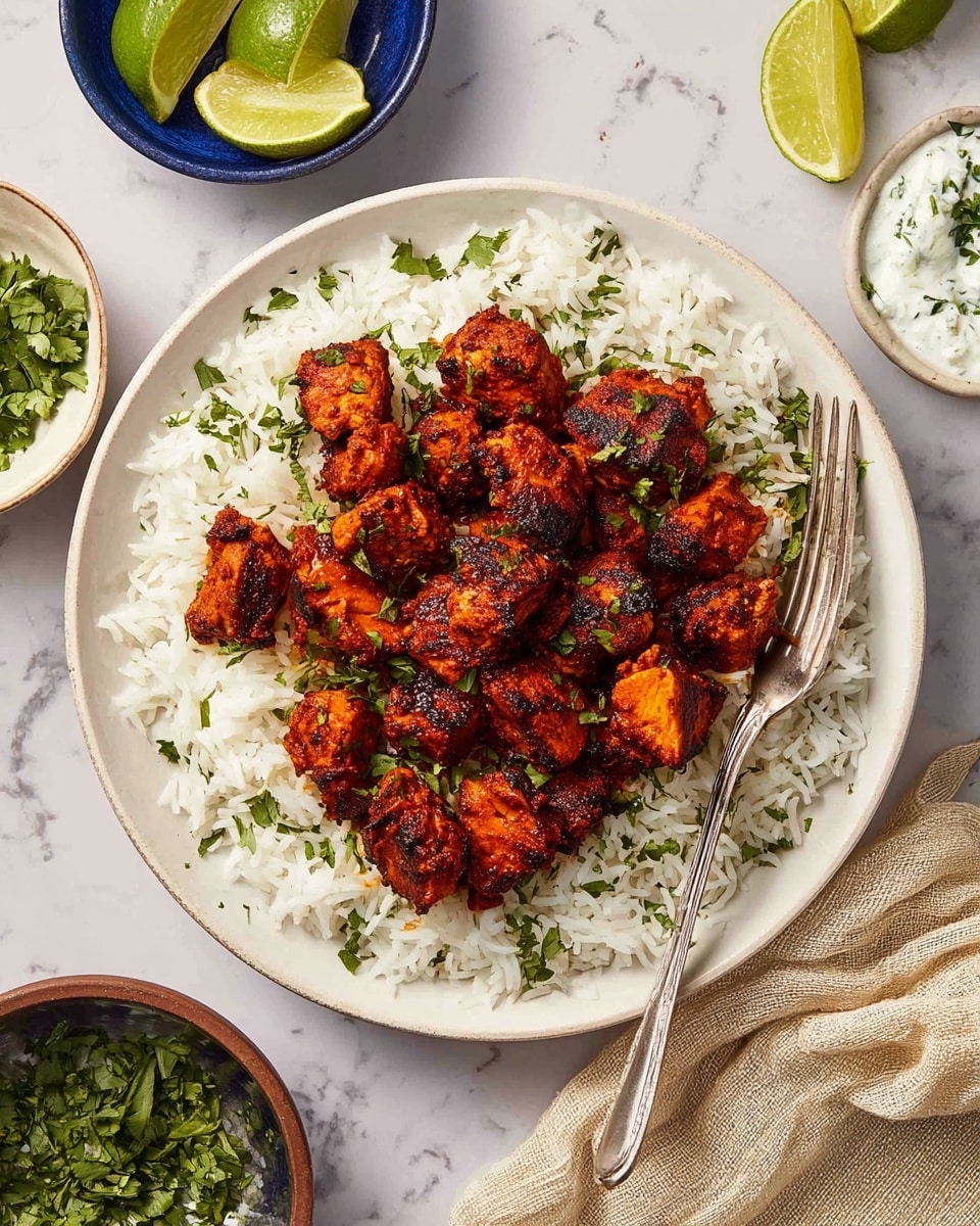 A white plate filled with a layer of cooked white rice as the base, topped with a layer of reddish-brown grilled chicken pieces scattered with chopped green herbs. A silver fork rests on the right side of the plate, partially on the rice and chicken. Around the plate, there are small bowls; one contains green lime slices, another has chopped greens, and a third has a white sauce with herbs. The setting is on a white marbled surface with a beige cloth napkin to the right. photo taken with an iphone --ar 4:5 --v 7