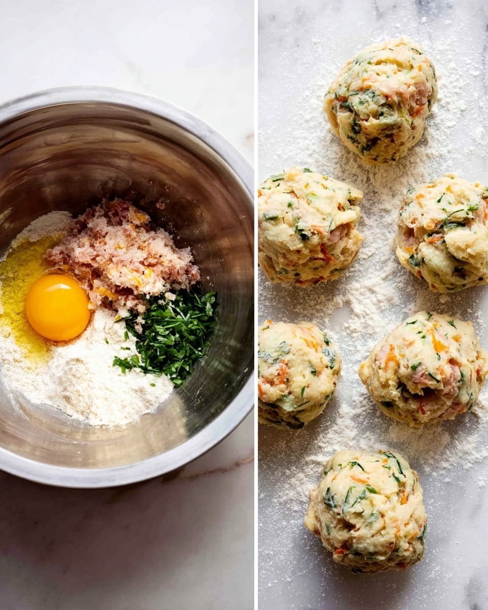 The image shows two parts: on the left, a large shiny metal bowl filled with raw ingredients including a whole egg, flour, chopped pinkish meat, bright orange zest, and fresh green herbs all mixed together; on the right, six round scoops of the mixed dough are placed on a white marbled surface lightly dusted with flour, each scoop showing colors of light beige, green streaks from the herbs, and bits of orange zest; the texture looks soft and a bit rough. photo taken with an iphone --ar 4:5 --v 7
