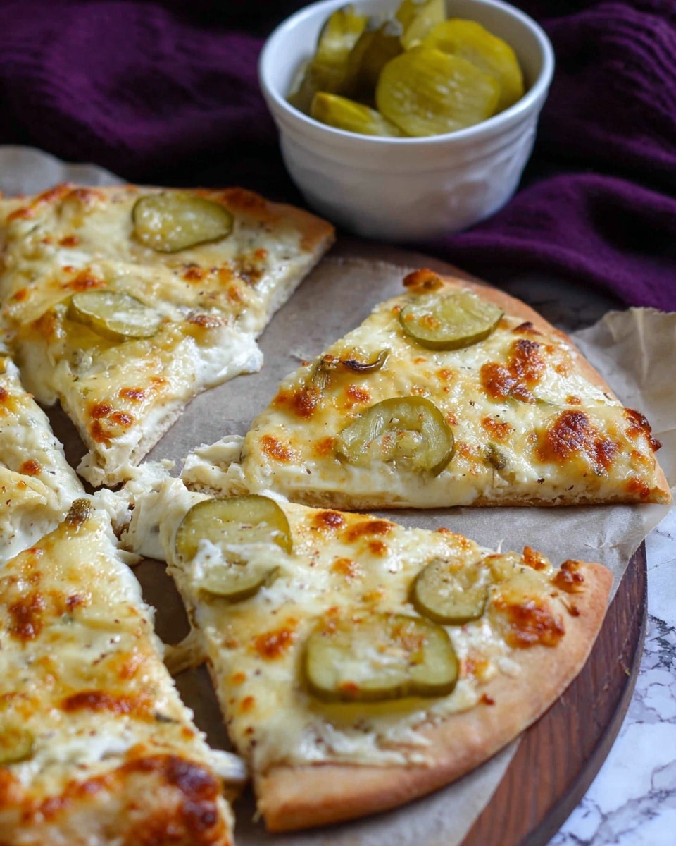 The image shows a close-up of a pizza cut into several slices on parchment paper over a wooden board with dark purple cloth in the background. The pizza has three visible layers: a thin, golden brown crust at the bottom; a white, creamy cheese layer spread evenly, topped with melted golden yellow and light brown cheese with some bubbling; and thin slices of green pickles scattered over the top. The crust edges are light brown and slightly crispy. In the foreground, there is a white bowl filled with sliced pickles, and the surface beneath everything is a white marbled texture. Photo taken with an iphone --ar 4:5 --v 7