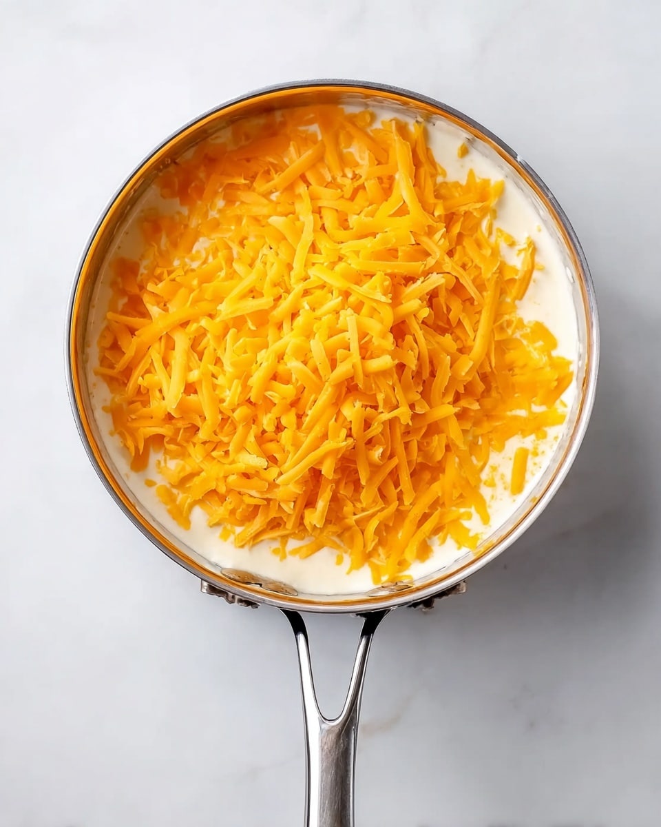 The image shows a small metal pan with a shiny handle, filled with a creamy white mixture at the bottom and topped with a thick layer of bright orange shredded cheese, evenly spread and covering the surface fully. The pan sits on a white marbled surface, giving a clean and simple background. photo taken with an iphone --ar 4:5 --v 7