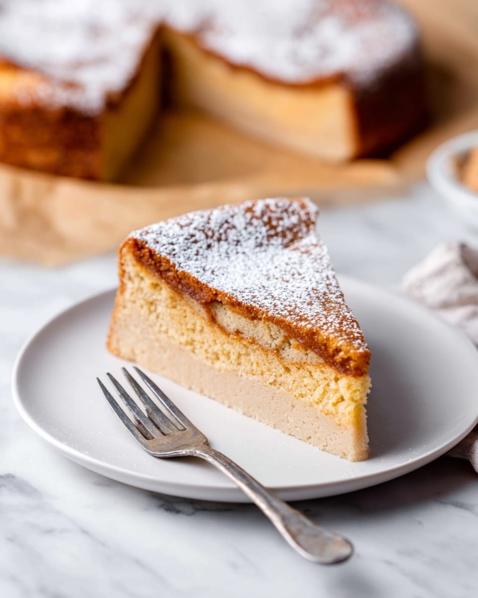 A single slice of cake sits on a white plate, showing two layers: a thick, light beige base with a soft texture and a thinner, darker golden-brown top layer with a smooth texture. The top of the cake is dusted with a light layer of powdered sugar. Next to the plate, there is a silver fork resting on the white marbled surface. In the background, a larger cake with a similar layered look is partially visible on parchment paper. photo taken with an iphone --ar 4:5 --v 7