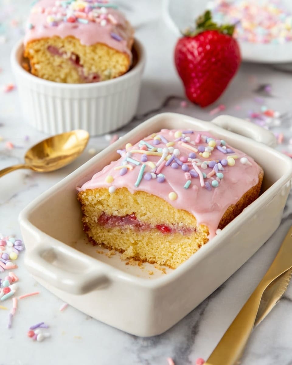 A white rectangular dish with two handles holds a soft yellow cake with a visible thin layer of pink filling inside, topped with smooth pink icing spread unevenly, decorated with small round and thin sprinkles in pastel colors like lavender, pink, and light blue; part of the cake is missing, showing its moist texture. Nearby, a white ramekin contains the same cake topped with the same icing and sprinkles, and behind the dish is a large fresh red strawberry. A shiny gold spoon and scattered sprinkles are on a white marbled surface. Photo taken with an iphone --ar 4:5 --v 7