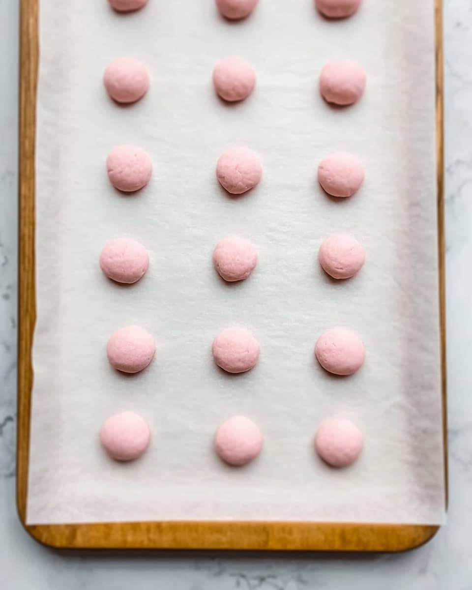 The image shows a baking tray with a wooden rim at the bottom, covered with white parchment paper. On the parchment paper, there are five rows of small round pink dough balls, neatly placed in even lines. Each dough ball is smooth and slightly raised, with a soft texture. The background is a white marbled surface. photo taken with an iphone --ar 4:5 --v 7