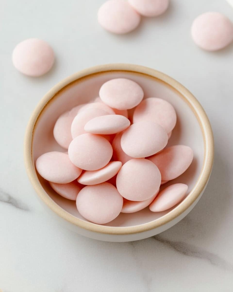 A round white bowl with a beige rim is filled with smooth, pale pink candy pieces that are round and slightly domed, stacked closely together with some overlapping at the top. The candy pieces have a soft matte texture and are evenly spaced inside the bowl, sitting on a white marbled surface. A few similar pieces are scattered around the bowl. photo taken with an iphone --ar 4:5 --v 7