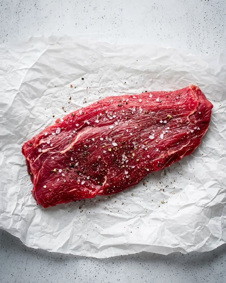 A single piece of raw red meat lies flat on a crumpled white parchment paper, sprinkled with coarse salt and cracked black pepper evenly across the surface. The meat shows natural grain and slight marbling, with lighter white fat lines running through it. The parchment paper is placed on a white marbled surface, adding subtle texture under the meat. photo taken with an iphone --ar 4:5 --v 7
