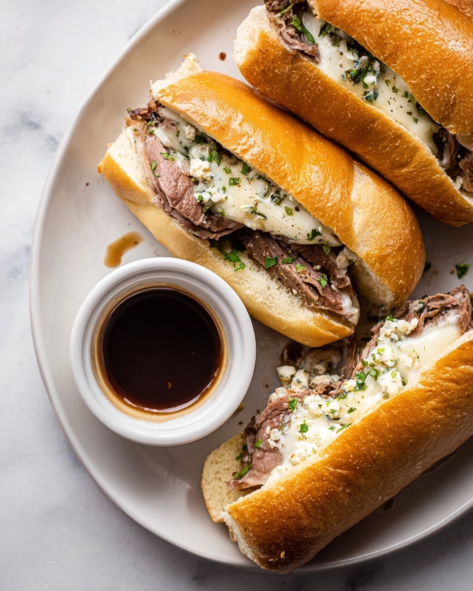 A white plate on a white marbled surface holds three sandwich rolls filled with sliced cooked meat layered with melted white cheese and sprinkled with small bits of green herbs. The sandwich rolls have a shiny golden brown crust and inside soft white bread. A small round white bowl sits in the middle of the plate filled with dark brown dipping sauce. One sandwich is split open at the top showing the meat and cheese inside clearly. Photo taken with an iphone --ar 4:5 --v 7