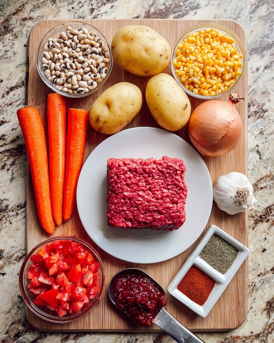 A wooden cutting board sits on a white marbled surface, holding an array of raw ingredients arranged neatly. In the center, a white plate holds a square piece of raw ground beef, deep red in color with a moist texture. To the left, five bright orange carrots with smooth skin lay side by side, accompanied by a small pile of light yellow potatoes varying in size. At the back left, a clear glass bowl contains light beige black-eyed peas with dark spots. Next to it, a small white bowl is filled with yellow corn kernels. At the back right, a whole light brown onion and a bulb of garlic are placed close together. In front, a clear glass bowl is packed with chunky, bright red diced tomatoes. To the right of the beef plate, a small white bowl with three sections shows three different spices in shades of green, red, and brown, and below it, a metal measuring spoon holds a thick red paste. Photo taken with an iphone --ar 4:5 --v 7