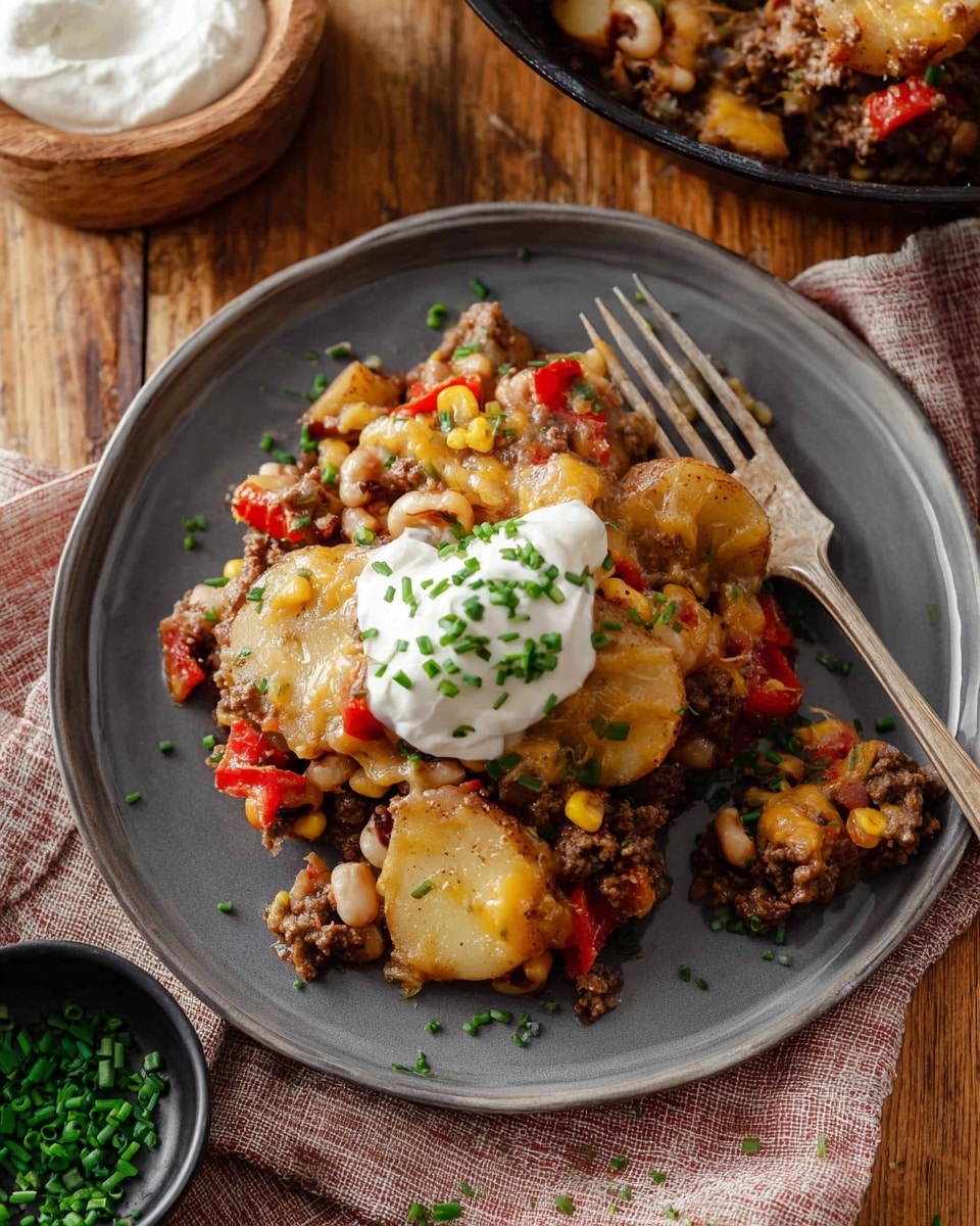This dish is served on a round gray plate filled with a mix of cooked ingredients including browned ground meat, sliced potatoes with a golden-brown edge, corn kernels, black-eyed peas, and red bell peppers. On top of this mixture, there is a dollop of white sour cream sprinkled with small, chopped green chives. The food looks hearty and seasoned, with bits of melted cheese blending into the layers. A fork rests on the plate with some chives scattered around it. The plate is placed on a wooden surface with a soft cloth nearby, and in the background, there is a wooden bowl filled with sour cream and a small black bowl of chopped chives. Photo taken with an iphone --ar 4:5 --v 7