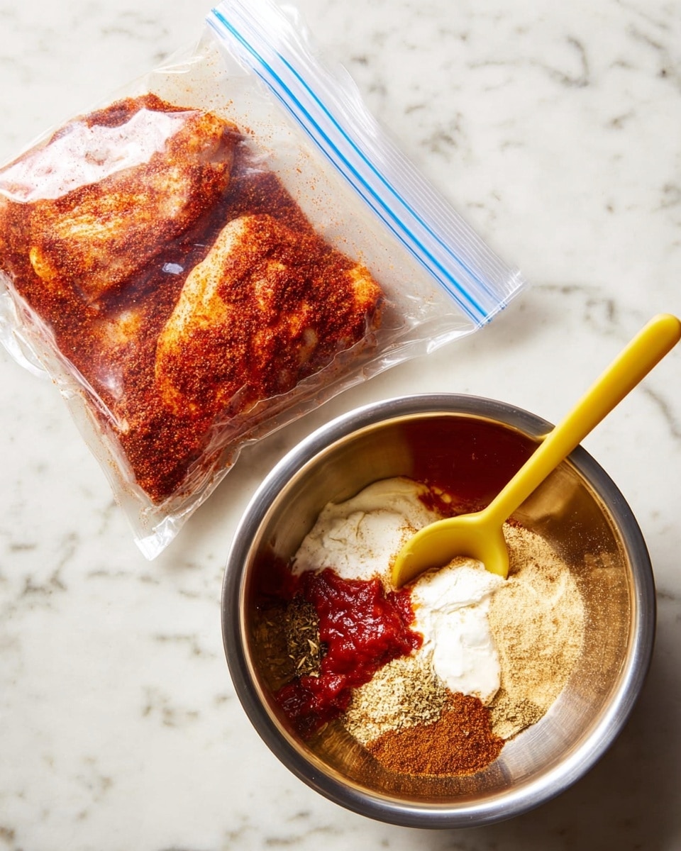 The image shows two parts: on the left, there is a clear plastic ziplock bag lying flat on a white marbled surface, filled with two large pieces of raw chicken coated in a reddish spice mix that gives a textured, powdery look; on the right, there is a silver metal bowl also on a white marbled surface, filled with various ingredients including a dollop of red sauce, white creamy sauce, ground spices in brown and beige colors, mixed together with a yellow spoon inside the bowl. photo taken with an iphone --ar 4:5 --v 7