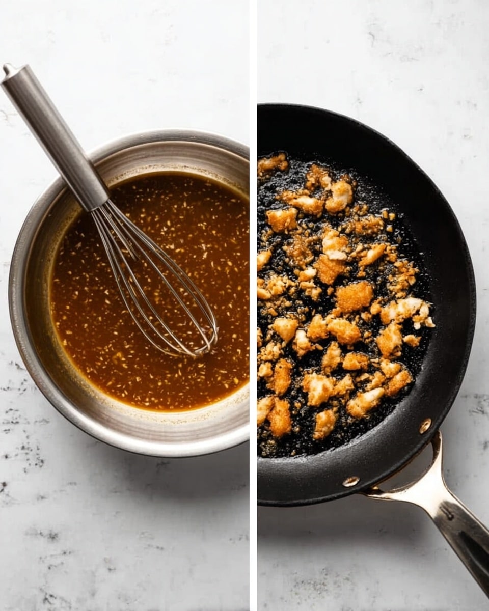 The image shows two side-by-side photos on a white marbled surface. On the left side, there is a shiny silver metal bowl containing a brown sauce with visible small bits and a metal whisk resting inside it. On the right side, there is a black cast iron pan with small, uneven pieces of golden brown cooked food spread out on the surface, some with crispy edges. Photo taken with an iphone --ar 4:5 --v 7