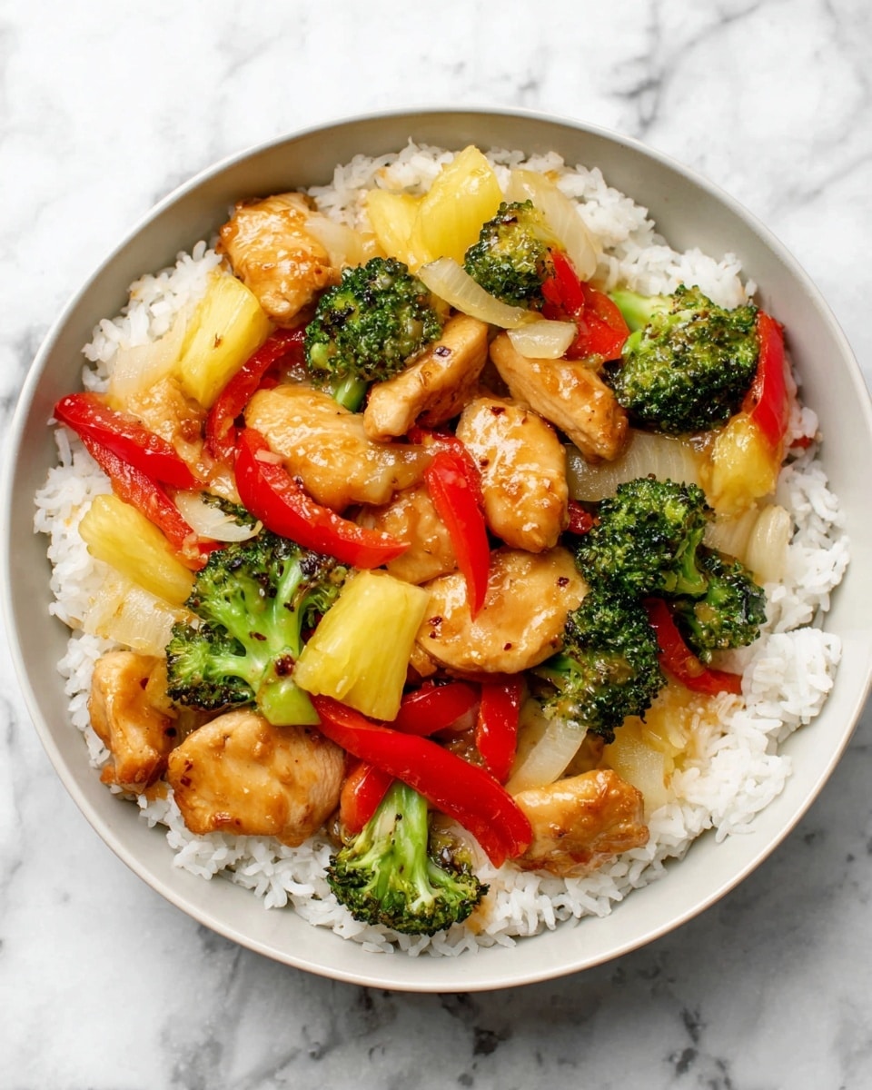 In a shallow white bowl, there is a base layer of white rice covering the bottom. On top of the rice, there is a layer of golden-brown cooked chicken pieces evenly spread out. Mixed among the chicken are bright green broccoli florets, vibrant red bell pepper strips, and light yellow chunks of cooked onion and pineapple. The vegetables look tender and are glossy with a light sauce that also coats the chicken, giving a shiny texture. The bowl is placed on a white marbled surface. Photo taken with an iphone --ar 4:5 --v 7