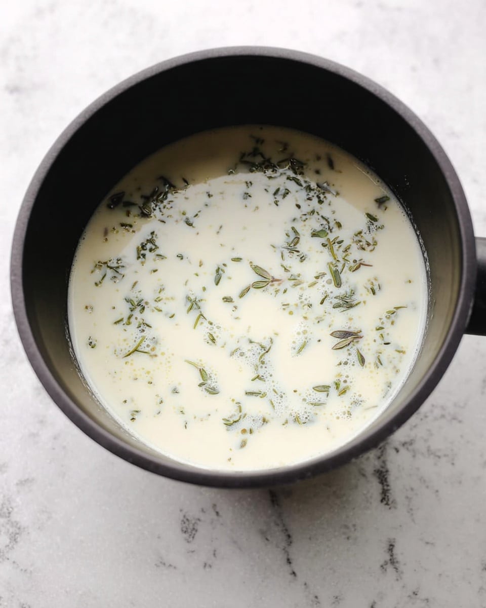 A black cooking pot filled with a creamy white liquid that has small green herb pieces floating on the surface; the pot is set on a white marbled background, with the light reflecting softly on the smooth liquid and the pot's matte black interior, showing a simple and clean cooking scene photo taken with an iphone --ar 4:5 --v 7
